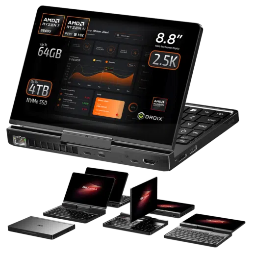Front view of the GPD Pocket 4 highlighting its 88 inch 25K touchscreen display Powered by AMD Ryzen 7 8840U or AMD Ryzen AI Pro 9 HX with options for up to 64GB RAM and up to 4TB NVMe SSD Showcases modular design and multiple configurations for productivity and portability