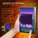 Hand held GPD Pocket 4 showcasing its 88 inch LTPS touchscreen display with 180° rotation for tablet mode Key features include 2560x1600 resolution 343 PPI pixel density 500 nits brightness 144Hz refresh rate 1610 aspect ratio 97 DCI P3 color gamut and Pro ICC color calibration for precise visuals