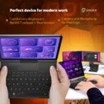 GPD Pocket 4 set up for modern work environments with a backlit keyboard touchscreen and support for multi screen setups Perfect for meetings data visualization and professional workflows