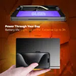 Compact design of the GPD Pocket 4 with a 448Wh battery offering up to 9 hours of light use or 3 hours of extreme performance Dimensions 2068 mm width and 1445 mm height displayed next to a smartphone for scale