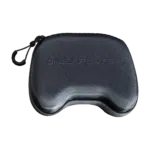 A sleek black gaming controller case is depicted with its lid open showcasing a dark gray ONEXPLAYER controller nestled inside The controller boasts glowing analog sticks a directional pad and an array of buttons The case features a zippered closure and a padded interior for enhanced protection