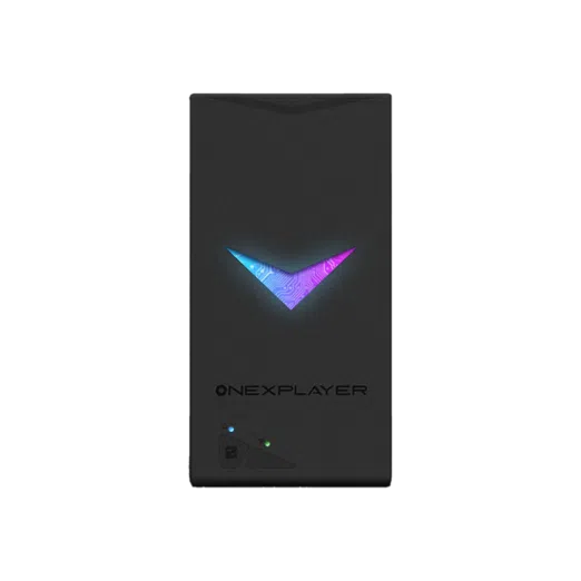 The front panel of an ONEXPLAYER handheld gaming device It features a black rectangular design with a glowing V shaped logo in blue and purple The ONEXPLAYER branding is visible below the logo along with two small indicator lights
