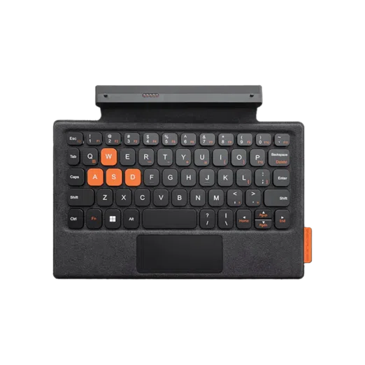 A detachable keyboard for the ONEXPLAYER device It has a compact layout with black keys and orange highlights on certain keys like WASD The keyboard includes a small touchpad and connects to the device via a connector at the top