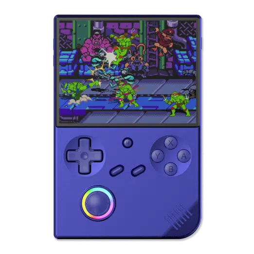 Front view of the Anbernic RG40XXV handheld gaming console in indigo blue The console features a large screen displaying a retro style game a D pad four action buttons A B X Y two additional function buttons and an RGB joystick in the lower left corner