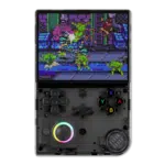 ANBERNICRG40XXVTRANSPARENTBLACKLISTINGDONE01 DROIX Global Front view of the Anbernic RG40XXV handheld gaming console in transparent black The console features a large screen displaying a retro style game a D pad four action buttons A B X Y two additional function buttons and an RGB joystick in the lower left corner