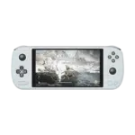 A white AYANEO AIR Plus handheld gaming console featuring a 6-inch screen displaying a fantasy action game with a player character battling a large white dragon in a snowy mountain environment. The console has a classic game controller layout with a directional pad on the left, action buttons (X, Y, A, B) on the right, and a joystick on each side. The device's ergonomic design is sleek and modern.