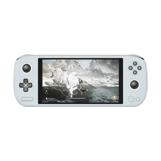 A white AYANEO AIR Plus handheld gaming console featuring a 6-inch screen displaying a fantasy action game with a player character battling a large white dragon in a snowy mountain environment. The console has a classic game controller layout with a directional pad on the left, action buttons (X, Y, A, B) on the right, and a joystick on each side. The device's ergonomic design is sleek and modern.