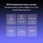 A promotional graphic highlighting the AYANEO AIR Plus's IPS professional color screen. Key features such as the 6-inch display, 400 nits brightness, 1920x1080 resolution, 128.48% sRGB color gamut, 1000:1 contrast ratio, and dynamic image quality are highlighted to showcase the visual performance of the device.
