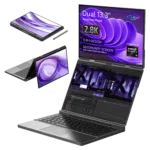 Image of the GPD Duo laptop showcasing its 3-in-1 design, featuring a dual 13.3-inch touchscreen display with 2.8K resolution. The laptop is displayed in different modes: tablet mode, tent mode, and dual-screen laptop mode. The secondary screen supports video input via USB-C. The specifications include an AMD Ryzen AI 9 processor, 64GB LPDDR5x RAM, and 8TB PCIe 4.0 NVMe SSD storage.