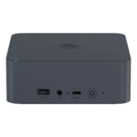 The front view of a compact Beelink EQI12 Mini PC in dark grey It features a USB A port a 35mm headphone jack a USB C port and a power button The casing has a textured design on the top with a circular logo