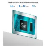 Illustration of the Intel Core i5 12450H processor chip with details on its 44 GHz maximum turbo frequency 8 cores 12 threads and 12MB L3 cache The processor is highlighted for its high performance capabilities ideal for smooth multitasking and productivity