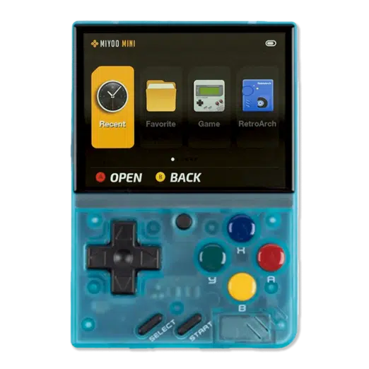 Miyoo Mini V4 in transparent blue A handheld gaming console in transparent blue showcasing internal details The screen displays the main menu and the device has a D pad and multicolored buttons green blue yellow and red alongside Select and Start buttons