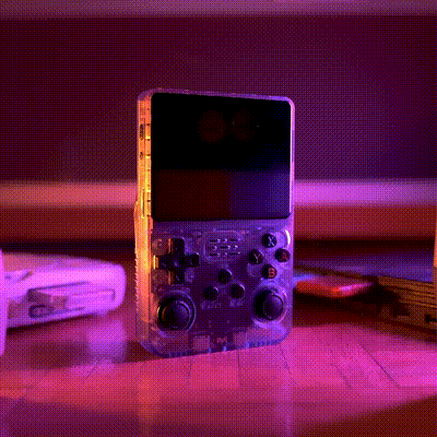 R36S handheld gaming console 1 The R36S console in dim lighting, glowing with a vibrant purple backlight. The device stands on a surface with other retro gaming equipment in the background, adding a nostalgic, retro gaming atmosphere
