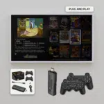 A plug-and-play setup featuring the GD10-PLUS gaming stick connected to a TV displaying a retro gaming interface with classic game titles like "Cruise for a Corpse." Below the TV, the package contents are shown, including the GD10-PLUS device, two wireless controllers, an Android cable, an extension cable, a receiver, and the packaging box. The image emphasizes the ease of setup and the nostalgic gaming experience provided by the device