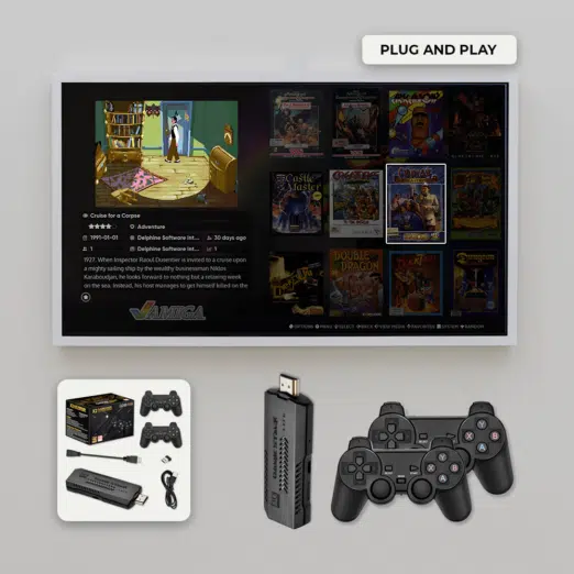 A plug-and-play setup featuring the GD10-PLUS gaming stick connected to a TV displaying a retro gaming interface with classic game titles like "Cruise for a Corpse." Below the TV, the package contents are shown, including the GD10-PLUS device, two wireless controllers, an Android cable, an extension cable, a receiver, and the packaging box. The image emphasizes the ease of setup and the nostalgic gaming experience provided by the device