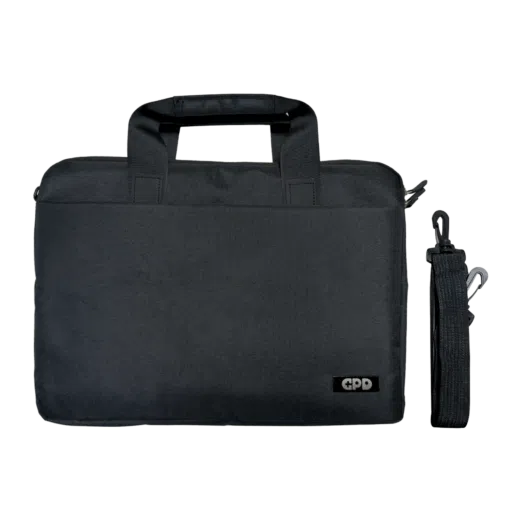 A black protective case with handles designed for the GPD Duo featuring a sleek design and a detachable shoulder strap The GPD logo is visible in the lower corner