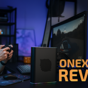 Smiling gamer using a controller while playing a racing game on a desktop setup connected to the ONEXGPU 2 eGPU, with DroiX and OneXPlayer logos and the text 'ONEXGPU 2 REVIEW' prominently displayed.