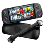Front and back views of the ONEXPLAYER F1 Pro handheld device highlighting its ergonomic design wide display with various gaming titles on screen and rear air vent for cooling