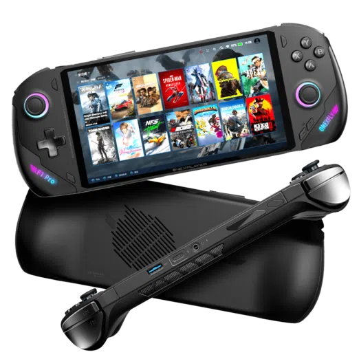 Front and back views of the ONEXPLAYER F1 Pro handheld device highlighting its ergonomic design wide display with various gaming titles on screen and rear air vent for cooling