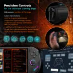 Precision gaming controls of the ONEXPLAYER F1 Pro featuring RGB joysticks with Hall effect technology 18° tilt angle programmable M1M2 buttons tactile ABXY and shoulder buttons Hall effect triggers 3 axis gyroscope accelerometer and dual linear vibration motors for immersive gameplay