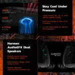 Cooling and audio system of the ONEXPLAYER F1 Pro featuring a liquid bearing fan with 4700 RPM smart vent design 47 CFM airflow and Harman AudioEFX dual speakers delivering powerful sound with minimal distortion across a wide frequency range