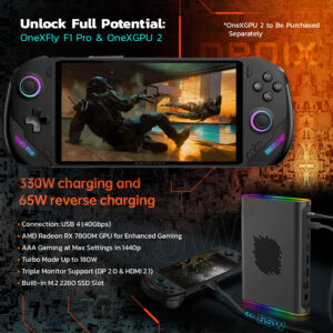 ONEXPLAYER F1 Pro compatibility with OneXGPU 2 external GPU and OneXFly F1 Pro for enhanced performance. Features include 330W charging, 65W reverse charging, AMD Radeon RX 7800M GPU for 1440p AAA gaming, Turbo mode up to 180W, and triple monitor support.