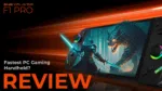A promotional image for the ONEXPLAYER F1 Pro handheld gaming PC The device is displayed with a fantasy themed game on its screen featuring a warrior with a glowing sword facing a monstrous creature in a dark forest The background has a motion blur effect in orange tones emphasizing speed The text reads Fastest PC Gaming Handheld and REVIEW in bold orange letters