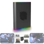 The ONEXGPU 2 shown vertically with vibrant RGB lighting around its base accompanied by lifestyle imagery below showcasing its use in gaming setups connected to various handheld and laptop devices