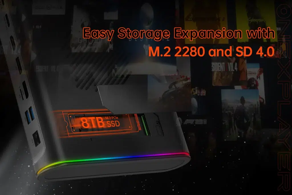 ONEXPLAYER ONEXGPU 2 eGPU Docking Station 4 A close-up of the ONEXGPU 2 showing its storage expansion capabilities, highlighting support for M.2 2280 and SD 4.0 with an 8TB SSD displayed inside the device. RGB lighting is visible along the device’s bottom edge.