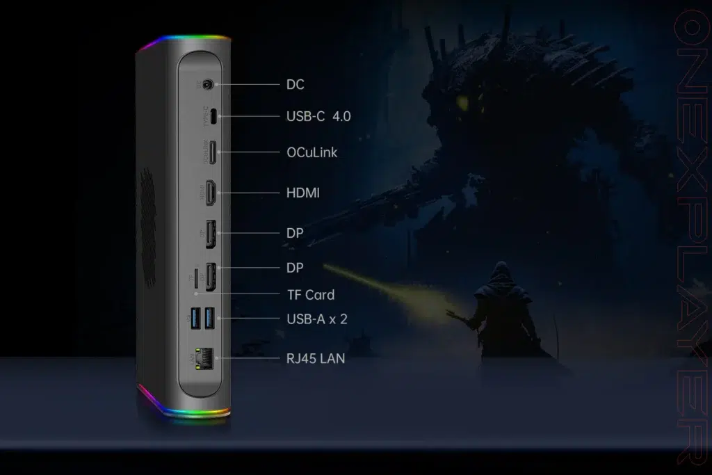 ONEXPLAYER ONEXGPU 2 eGPU Docking Station 7 The rear panel of the ONEXGPU 2 showing multiple connectivity options, including DC, USB-C 4.0, OCULink, HDMI, two DisplayPorts, a TF card slot, two USB-A ports, and an RJ45 LAN port, set against a dramatic gaming-themed background.