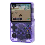 Transparent Purple R36S Console: The R36S handheld console in a vibrant translucent orange casing, showing a racing game on its screen with detailed graphics of remote-controlled cars on a track. The buttons are clearly visible on the front of the console.