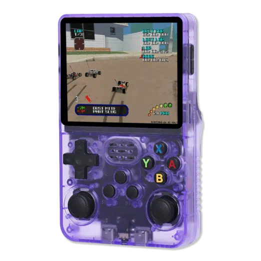 Transparent Purple R36S Console: The R36S handheld console in a vibrant translucent orange casing, showing a racing game on its screen with detailed graphics of remote-controlled cars on a track. The buttons are clearly visible on the front of the console.