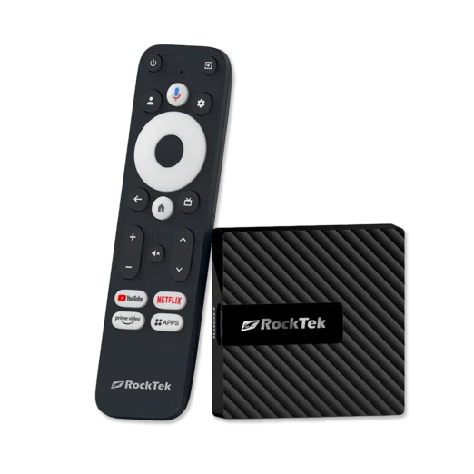 RockTek GB1 Android TV box shown alongside its dedicated remote control The compact device has a sleek textured design The remote features a circular navigation pad voice control button and dedicated buttons for popular streaming services like YouTube Netflix and Prime Video along with an Apps button for quick access to installed applications