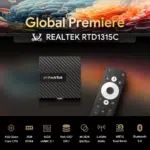 Global Premiere of RockTek GB1 Android TV box featuring the Realtek RTD1315C processor Showcasing the device and remote this model includes key specifications A55 Quad Core CPU 2GB DDR4 RAM 16GB eMMC 51 storage Mali G57 GPU 4K HDR support at 60fps dual band WiFi 24GHz and 5GHz and Bluetooth 50 Designed for seamless media streaming and smart home integration