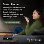 Smart Home compatibility of RockTek GB1 Android TV box with Google Assistant A user interacts with the remote illustrating voice command functionality by saying Hey Google for an optimized hands free experience in searching for content and controlling smart home devices