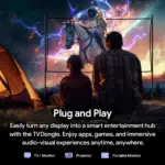 Portable design of RockTek GB1 Android TV box small enough to fit into a pocket or handbag Highlighting easy access to streaming services like Netflix Prime Video YouTube and Disney+ allowing users to enjoy entertainment anywhere with plug and play convenience