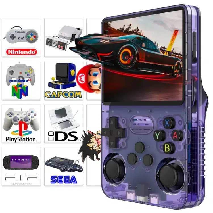 R36S handheld gaming console 2 The R36S console alongside icons of popular gaming platforms such as Nintendo, Capcom, PlayStation, Sega, and PSP, indicating compatibility. The device's transparent casing reveals its internal components, and the screen displays a high-speed racing game.