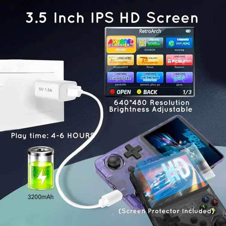 R36S handheld gaming console 3 The R36S handheld console is shown with its 3.5-inch IPS HD screen, featuring a 640x480 resolution. The device is connected to a power source, indicating a 4-6 hours battery life with a 3200mAh capacity. A screen protector is shown layered over the display, emphasizing screen protection.