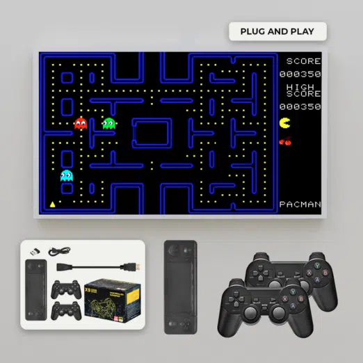 An image displaying a classic Pac Man game on a TV connected to the X9 gaming stick Below the package contents including two black controllers and the X9 stick highlight the ease of setup for instant gaming enjoyment The Plug and Play label emphasizes simplicity
