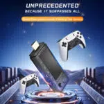 A promotional image showing two players holding controllers connected to the X9 PRO gaming stick which is plugged into a TV displaying a fighting game The caption Games in Pairs Double Happy highlights the multiplayer functionality for family and friends encouraging nostalgic social gaming experiences