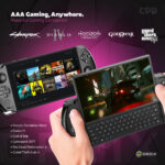 Promoting AAA gaming anywhere the GPD WIN 4 2025 is shown running games like Cyberpunk 2077 Diablo IV God of War and GTA V One image displays the Steam library while another captures in game graphics emphasizing its capability as a powerful gaming companion