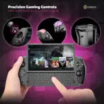 The GPD WIN 4 2025 showcases its Precision Gaming Controls designed for an immersive and versatile gaming experience Key highlights include ALPS 3D Joysticks with L3R3 support for accurate and responsive gameplay L1R1 triggers featuring customizable RGB lighting for added style and functionality 2 Programmable Back Buttons with an ergonomic 27 degree angle for seamless access during intense gaming sessions The image also emphasizes the slide up QWERTY keyboard perfect for chatting and multitasking in game paired with a vivid display showing Assassins Creed Valhalla and a comprehensive game library The tagline reinforces the advanced control options making the device an ideal portable gaming companion