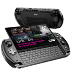 A sleek gaming handheld device with a 6 Full HD touchscreen display showcasing its compact QWERTY keyboard and powerful specs Features include AMD Ryzen AI Pro 9 HX processor up to 32GB RAM and 4TB NVMe SSD storage Highlighted text reads Ultimate Gaming Power in Your Pocket