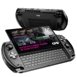 A sleek gaming handheld device with a 6 Full HD touchscreen display showcasing its compact QWERTY keyboard and powerful specs Features include AMD Ryzen AI Pro 9 HX processor up to 32GB RAM and 4TB NVMe SSD storage Highlighted text reads Ultimate Gaming Power in Your Pocket