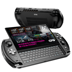 A sleek gaming handheld device with a 6" Full HD touchscreen display showcasing its compact QWERTY keyboard and powerful specs. Features include AMD Ryzen AI Pro 9 HX processor, up to 32GB RAM, and 4TB NVMe SSD storage. Highlighted text reads, "Ultimate Gaming Power in Your Pocket."
