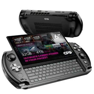 A sleek gaming handheld device with a 6 Full HD touchscreen display showcasing its compact QWERTY keyboard and powerful specs Features include AMD Ryzen AI Pro 9 HX processor up to 32GB RAM and 4TB NVMe SSD storage Highlighted text reads Ultimate Gaming Power in Your Pocket
