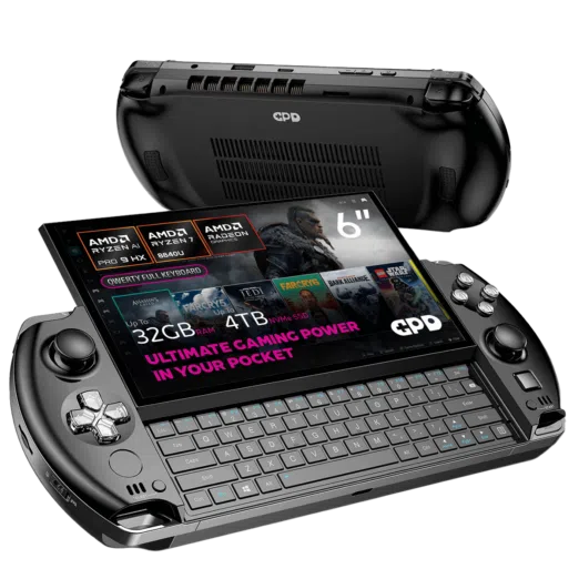 A sleek gaming handheld device with a 6 Full HD touchscreen display showcasing its compact QWERTY keyboard and powerful specs Features include AMD Ryzen AI Pro 9 HX processor up to 32GB RAM and 4TB NVMe SSD storage Highlighted text reads Ultimate Gaming Power in Your Pocket