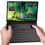 Image of the GPD Win Max 2 2025 handheld PC featuring a 101 inch 25K touchscreen display Key specifications include AMD Ryzen AI Pro 9 HX CPU AMD Radeon Graphics 64GB RAM and 4TB M2 SSD storage The display shows a futuristic gaming scene with a sci fi theme emphasizing its advanced performance and immersive experience
