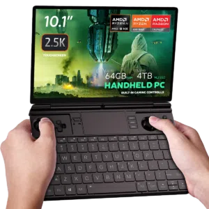 Image of the GPD Win Max 2 2025 a handheld gaming PC with a 101 inch 25K touchscreen display It features AMD Ryzen AI Pro 9 HX and Radeon 8000 Series graphics The device boasts up to 64GB RAM and up to 4TB M2 SSD storage with built in gaming controls and a full QWERTY keyboard The screen displays a futuristic gaming scene with vibrant visuals emphasizing its advanced performance capabilities