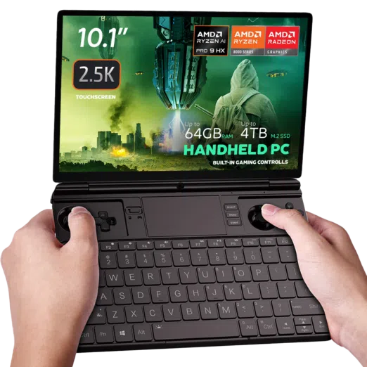 Image of the GPD Win Max 2 2025 a handheld gaming PC with a 101 inch 25K touchscreen display It features AMD Ryzen AI Pro 9 HX and Radeon 8000 Series graphics The device boasts up to 64GB RAM and up to 4TB M2 SSD storage with built in gaming controls and a full QWERTY keyboard The screen displays a futuristic gaming scene with vibrant visuals emphasizing its advanced performance capabilities
